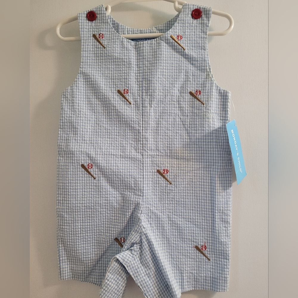 Blue Checked Baseball Romper, 18 Month, Seersucker, Mondays Child Brand